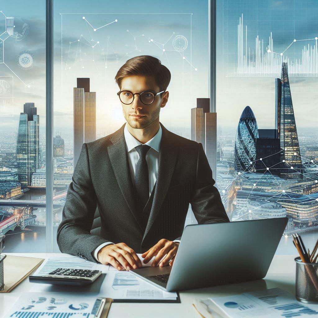 Professional accountant working in a modern office with a view of London’s skyline, including landmarks like The Shard and the Gherkin. The desk features a laptop, financial documents, and a calculator.