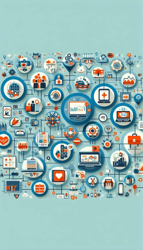 Infographic showing icons for healthcare and technology industries, including medical records, heart rate monitoring, hospital location, online consultation, health insurance, and laboratory tests, representing local job opportunities.