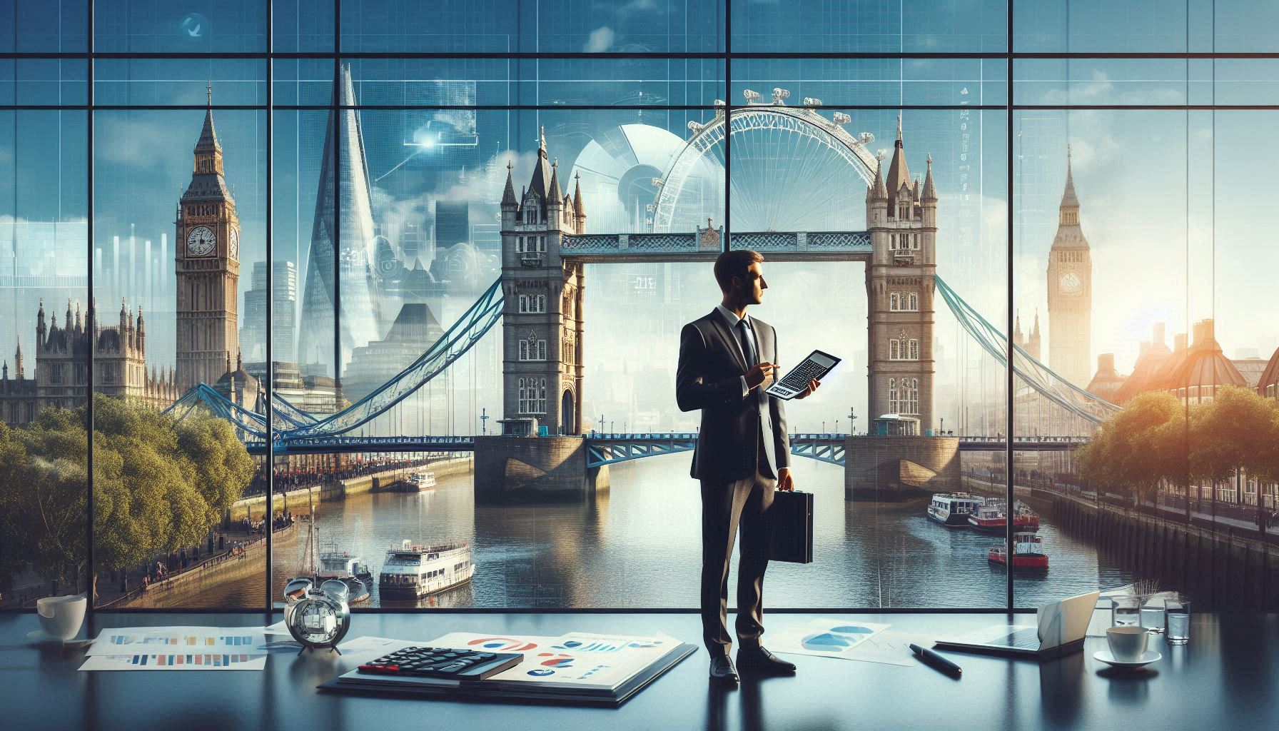 Professional accountant in a modern office with a panoramic view of London landmarks including Big Ben, the London Eye, and Tower Bridge. The accountant is holding a tablet, with financial documents and office supplies on the desk, symbolising the dynamic and prestigious nature of accounting jobs in London