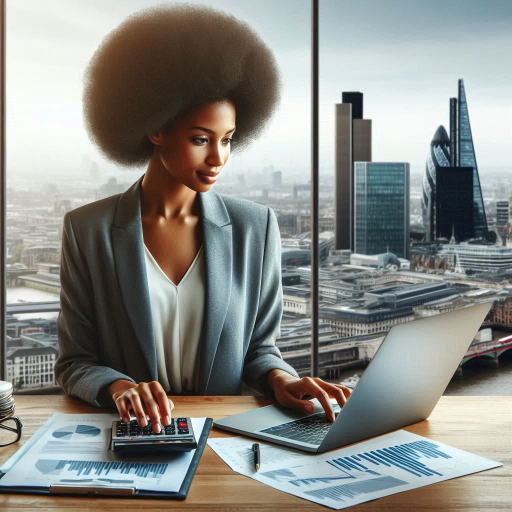 Professional accountant working in a modern office with London’s skyline in the background, including landmarks like The Shard and the Gherkin. The desk features a laptop, financial documents, and a calculator.