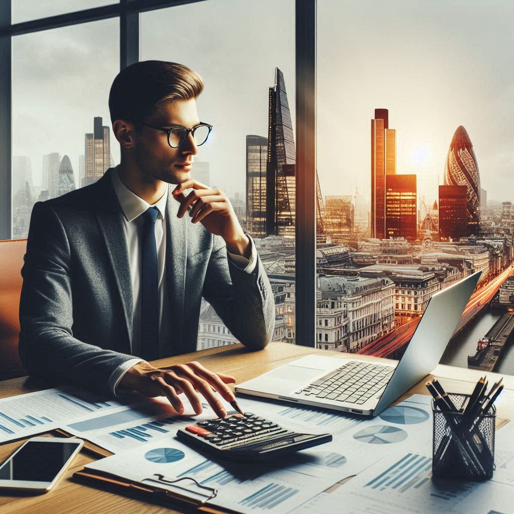 Professional accountant working in a modern office with London’s skyline in the background, including landmarks like The Shard and the Gherkin. The desk features a laptop, financial documents, and a calculator.